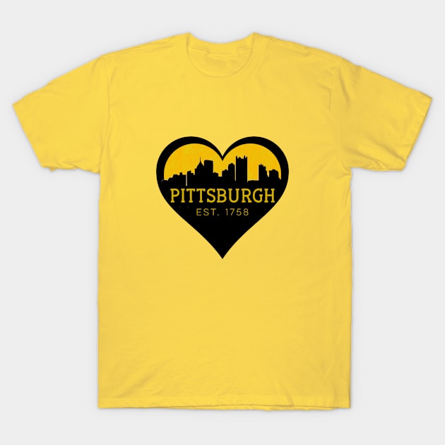 Pittsburgh Love Heart Gold Black City Skyline Yinzers T-Shirt by HuntTreasures